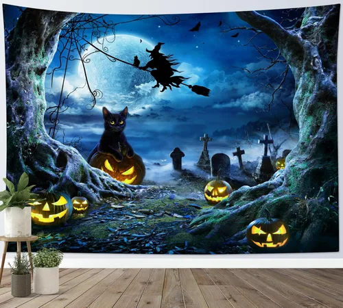 Vista 22 de LB Tapiz espeluznante de cementerio de Halloween, lápida aterradora con árboles muertos, tapiz de bosque para colgar en la pared, tapiz de fondo