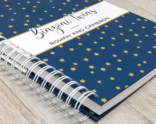 Vista 22 de Personalized Twin Baby Memory Book - Hardcover First Year Album Customized with Babies’ Names - Prompted Baby Journal (Blue Mountains)