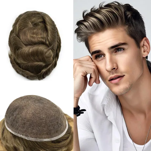 Vista 26 de Peluca de cabello humano con encaje completo, línea capilar real, para hombre, peluca de cabello con nudo blanqueado, pieza de pelo para hombres