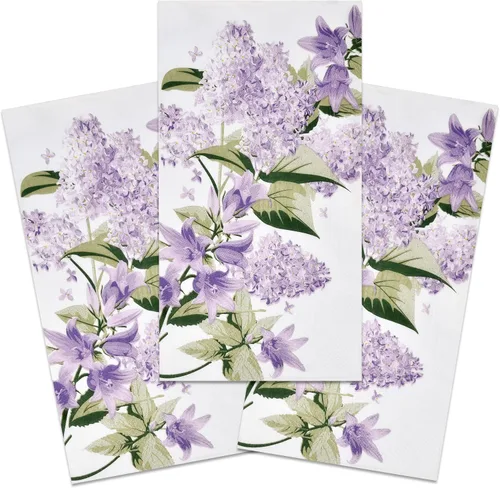 Vista 4 de 100 servilletas para invitados, diseño floral morado, 3 capas, desechables, papel lila, toallas de mano elegantes, decoración de flores