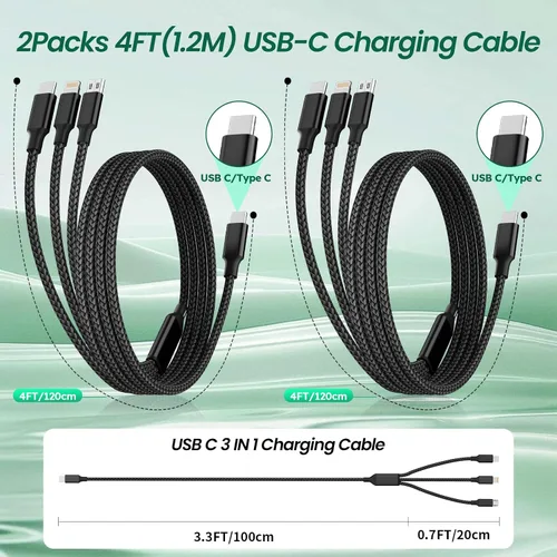 Vista 7 de Travel Vacation Essentials Cable de Carga Múltiple USB C, Paquete de 2 Cables de Carga 3 en 1 de Nailon de 4 Pies para Múltiples Dispositivos