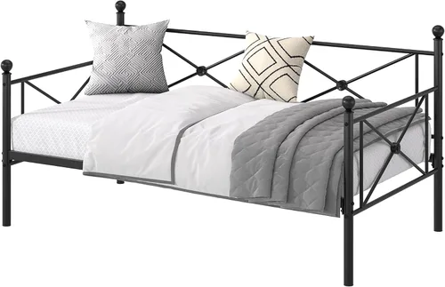 Vista 8 de VECELO Marco de cama de día con cabecero, plataforma de soporte de listones de metal resistente para sala de estar, habitación de invitados, fácil