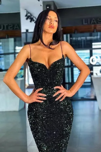 Vista 5 de Vestidos de fiesta de sirena para mujer, vestido de baile con lentejuelas brillantes, tirantes delgados, cuello en V, vestido largo formal de noche