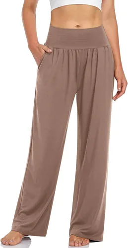 Vista 2 de SMIDOW Pantalones de cintura alta para mujer, casuales, holgados, de pierna ancha, pantalones largos con bolsillos, ajuste relajado, pantalones
