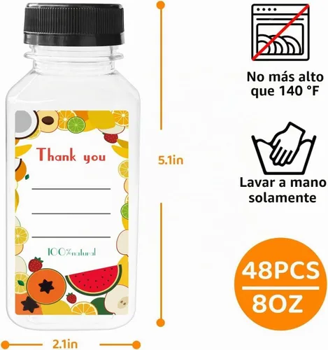 Vista 2 de 48 botellas de jugo de 8 onzas con tapas, botellas de plástico con tapas, recipientes reutilizables transparentes a granel para jugo, leche y otras