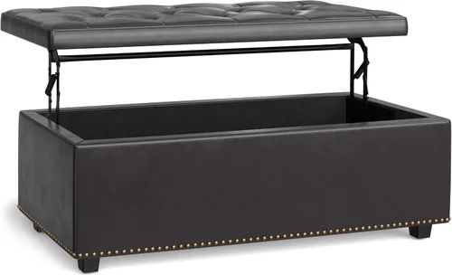Vista 23 de Otomano rectangular de almacenamiento Simpli Home Hamilton, Madera, Gris pizarra Pizarra gris