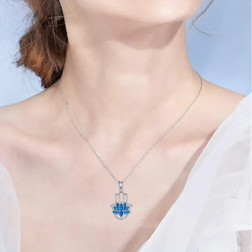 Vista 6 de Hamsa Hand Necklace for Women,925 Sterling Silver Hamsa Lotus Evil Eye Pendant Hand of Fatima Tree Elephant Necklaces,Hamsa Hand of Fatima Amulet