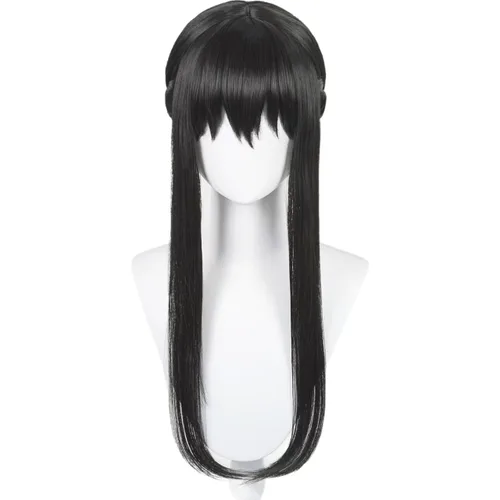 Vista 4 de Peluca larga de anime negro con flequillo y moño espina princesa asesina Peluca negra con moño