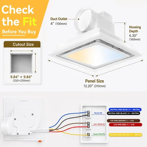 Vista 2 de Extractor de baño con ventilador de ventilación LED de 145 CFM