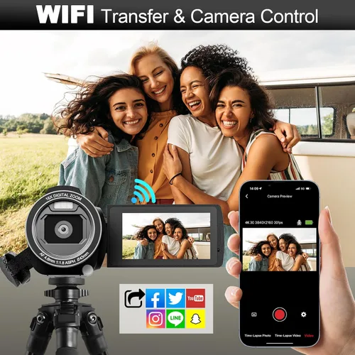 Vista 5 de NBD Videocámara de video 4K Ultra 48MP Vlogging Cámara para YouTube, videocámara digital con zoom 16X de 3.0 pulgadas IPS 270° con micrófono, luz