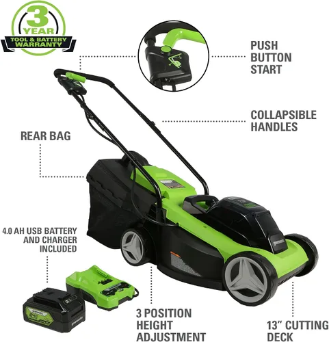 Vista 2 de Greenworks - Cortacésped inalámbrico de 24 V y 13 pulgadas (2 en 1), batería USB de 4.0 Ah (multipuerto USB) y cargador MO24B410 incluido