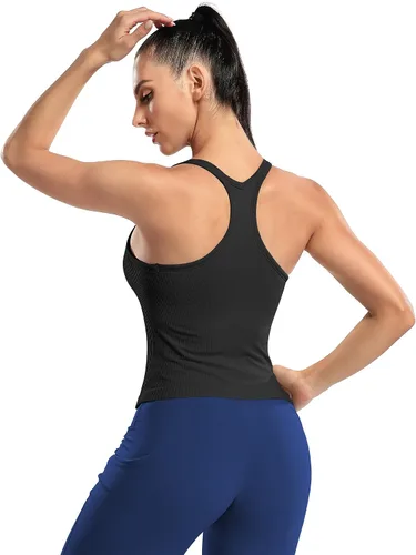 Vista 81 de ATTRACO Camiseta corta acanalada de entrenamiento para mujer con brasier integrado para yoga, espalda cruzada, ajuste ajustado