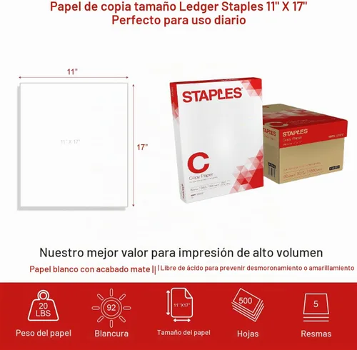 Vista 3 de Staples Papel de copia, 11x17 pulgadas Tamaño del libro mayor, 92 brillo