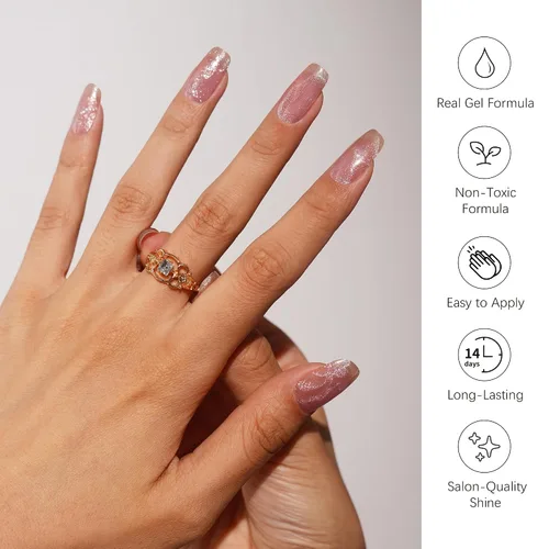 Vista 3 de DANNI & TONI Tiras de uñas de gel semicuradas, color rosa champán, ojos de gato, 28 calcomanías de regalo para mujer Aqua Ripple