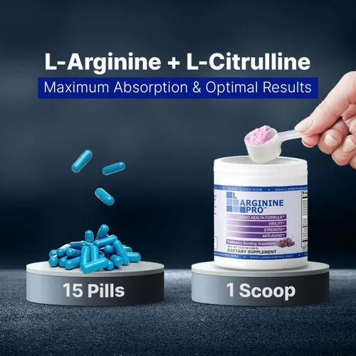 Vista 8 de L-ARGININA PRO 5,500mg de L-arginina más 1,100mg de L-citrulina, bebida en polvo sabor uva y naranja, suplemento para aumentar la producción