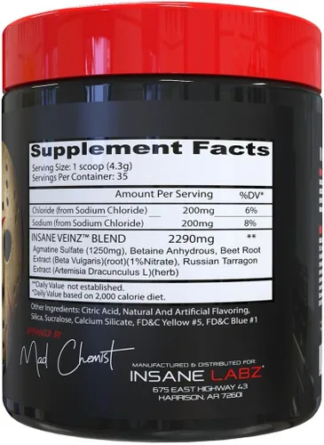 Vista 2 de Insane Labz Insane Veinz - Polvo no estimulante potenciador de óxido nítrico, cargado con sulfato de agmatina y betaína anhidra, aumenta