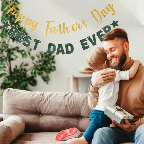 Vista 9 de Pancarta dorada con texto en inglés «Happy Father's Day» para el Día del Padre, decoración de fiesta del padre, guirnalda de fondo para el día