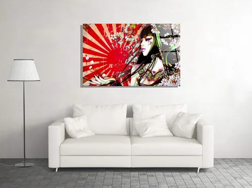 Vista 2 de Samurai Geisha Anime Japón Impresión Vidrio Arte de Pared Vidrio Templado Regalo de Lujo