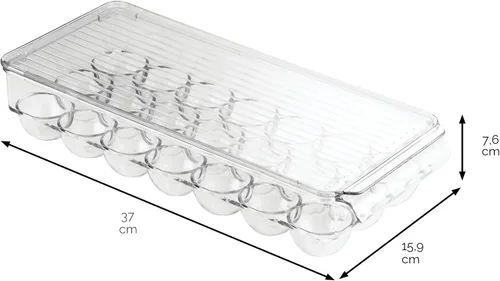 Vista 3 de iDesign - Soporte para huevos de plástico transparente para refrigerador con tapa, contenedor de almacenamiento de 21 huevos