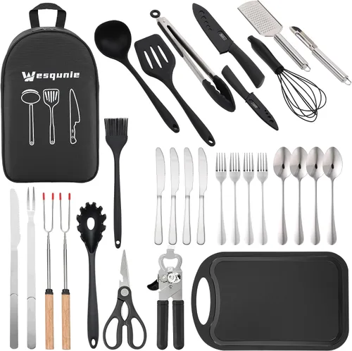 Vista 7 de Wesqunie Juego de utensilios de cocina para camping, 25 piezas, kit de artículos esenciales de cocina de campamento, accesorios portátiles