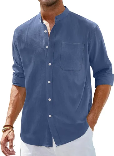 Vista 17 de Alimens & Gentle Camisas de algodón y lino para hombre, camisa de manga larga con botones, cuello de banda, camisas de playa