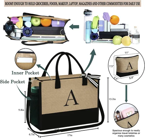Vista 3 de YOOLIFE Regalos personalizados para mujeres, bolsa de yute con inicial y bolsa de maquillaje, regalos de cumpleaños para mujeres, mamá, esposa