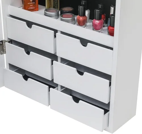 Vista 6 de Armario de joyería con espejo de longitud completa, estante de 4 capas, organizador de joyas montado en la pared con 8 luces LED, armario de joyería