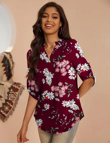 Vista 3 de a.Jesdani - Blusas de manga 34 que se enrollan, con cuello en V, diseño tipo túnica, talla extragrande para mujer