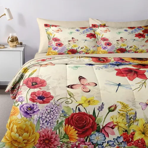Vista 5 de Nesker Juego de edredón de primavera de 5 piezas, tamaño individual, juego de ropa de cama floral con mariposas para niños y adultos, juego