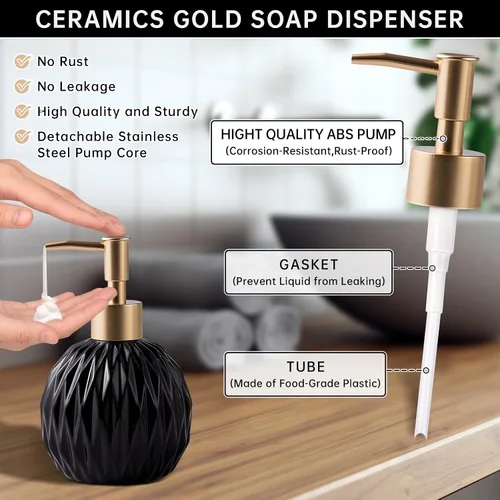 Vista 3 de Ceramics - Dispensador de jabón dorado para baño, dispensador de jabón de alivio para fregadero de cocina, botella de jabón líquido recargable