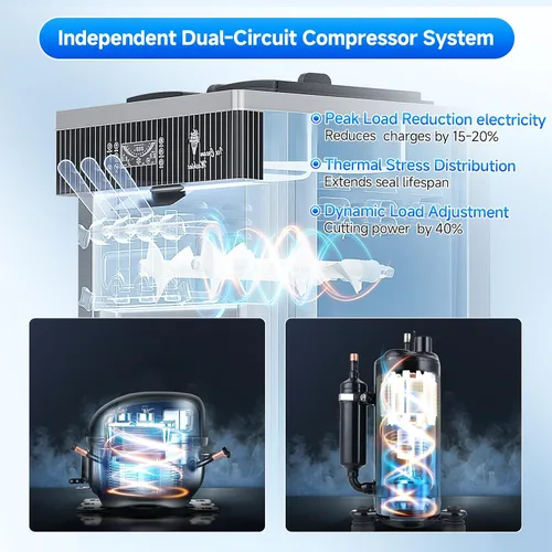 Vista 4 de Máquina de Helado de Servicio Suave, Rendimiento de 28 QT/H, 2450W, Máquina de Helado Comercial de Encimera con Tolva de 2x6L, 3 Dispensadores