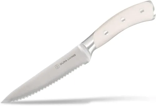 Vista 9 de DURA LIVING Juego de cuchillos de cocina dentados de 4 piezas, acero inoxidable forjado de alto carbono, ultra afilados, asas negras ergonómicas
