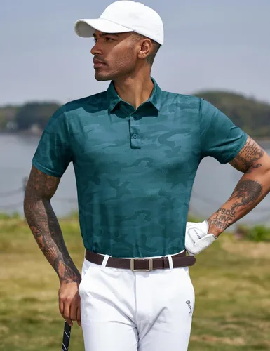 Vista 78 de TAPULCO Camisetas tipo polo de secado rápido para hombre, diseño de camuflaje, atléticas, ligeras, transpirables, casuales, para golf