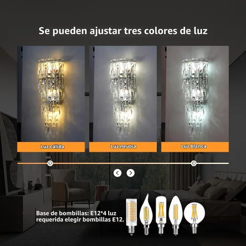 Vista 6 de Apliques de pared, modernos apliques de pared de cristal para interiores, lámpara de pared cromada de lujo, lámpara de pared K9 con gotas de cristal
