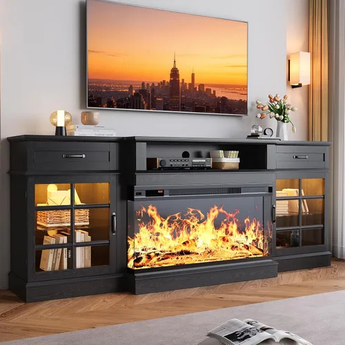 Vista 9 de MXV Soporte de TV con chimenea de 70 pulgadas, chimenea de vidrio de 3 lados y centro de entretenimiento moderno, consola multimedia de madera