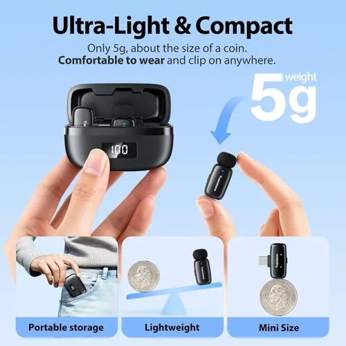 Vista 10 de Mini micrófono inalámbrico Lavalier para iPhone, iPad, Android, reducción de ruido y silencio, funda de carga de 33 horas, cambiador de voz AI