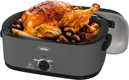 Vista 28 de Sunvivi Horno asador eléctrico con tapa visible, horno asador de pavo de 24 cuartos de galón con sartén y estante extraíbles, acero inoxidable