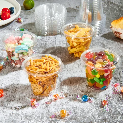 Vista 6 de Vplus Paquete de 200 vasos de plástico PET de 9 onzas con tapas planas, vasos de plástico desechables de cristal para parfait, frutas, postres
