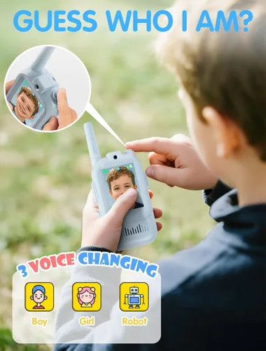 Vista 5 de Walkie Talkie para niños con video: paquete de 2 juguetes recargables para niños pequeños con cámara HD y cambiador de voz, juguetes de regalo