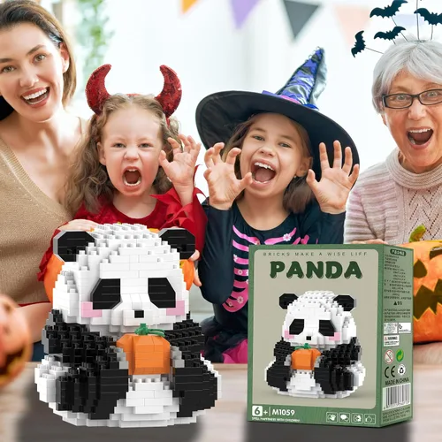 Vista 6 de Mini bloques de construcción de Halloween, panda sentado con calabaza, micro bloques de juguete para niños de 6, 7, 8, 9+, juegos de construcción