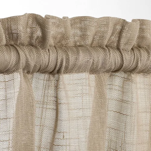 Vista 2 de Juego de 3 piezas de cortinas de ventana de cocina de lino semitransparentes con niveles y cenefa, color taupe. Gris pardo
