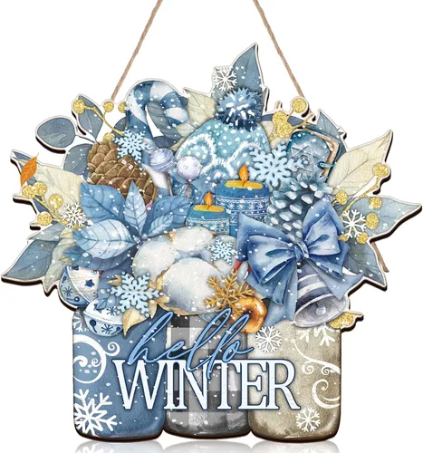 Vista 9 de Bienvenida Invierno Letrero de Puerta Letrero de Puerta de Invierno y Navidad Decoración de Puerta de Madera para Pared de Granja Colgante Placa