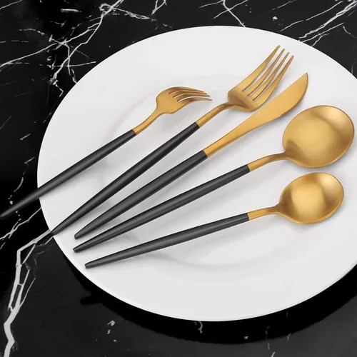 Vista 6 de Vanys - Juego de cubiertos dorados mate con mango negro, juego de cubiertos de acero inoxidable de 20 piezas, juego de utensilios de cocina para 4
