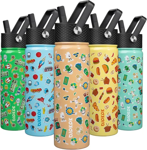 Vista 27 de BJPKPK Botella de agua con tapa con pajilla, botella de agua aislada de 15 onzas, botellas de agua de metal de acero inoxidable, termo reutilizable
