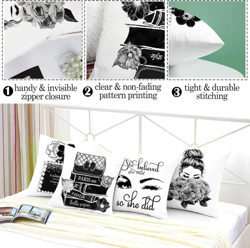 Vista 4 de Juego de 4 fundas de almohada decorativas para sofá cama de 18 x 18 pulgadas, fundas de almohada blancas y negras, fundas de almohada a la moda