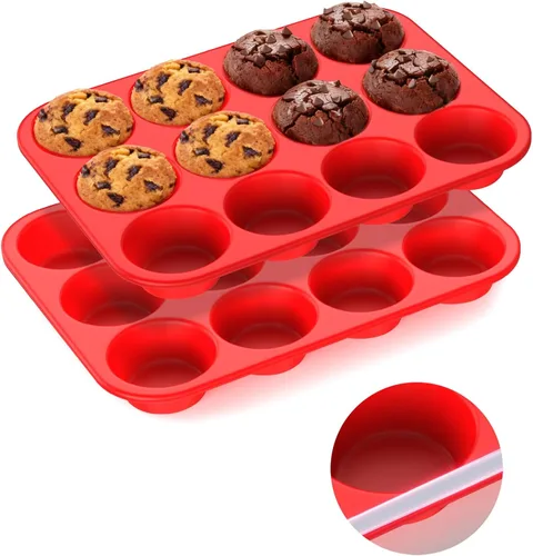 Vista 11 de Molde de silicona para muffins para hornear: Molde para muffins de 12 cavidades con marco reforzado de metal, moldes de tamaño regular para cupcakes