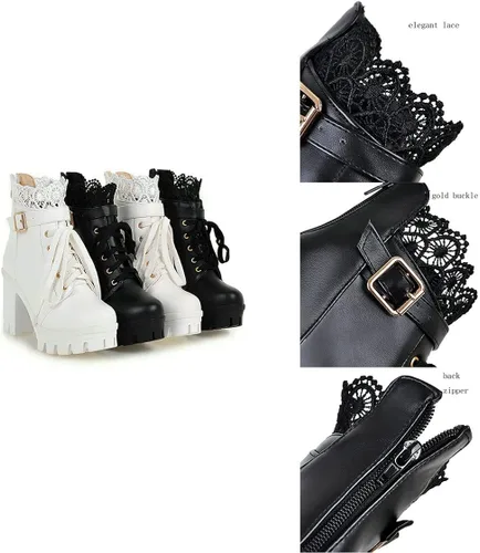 Vista 7 de BEAUPAS Botas de tacón alto con plataforma gruesa para mujer, botines góticos con cordones, tacón de bloque y hebilla, Blanco