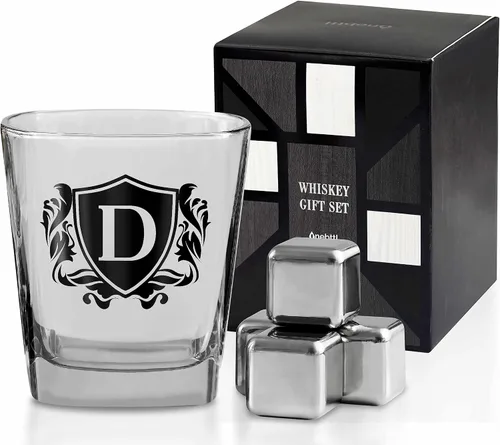 Vista 9 de Regalos de whisky para hombres, vaso de whisky con inicial personalizada con piedras de whisky para papá, novio, mejores amigos, compañeros