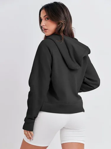 Vista 5 de ANRABESS Sudaderas con capucha corta con media cremallera para mujer, sudadera de forro polar con cremallera de un cuarto, ropa de invierno 2023