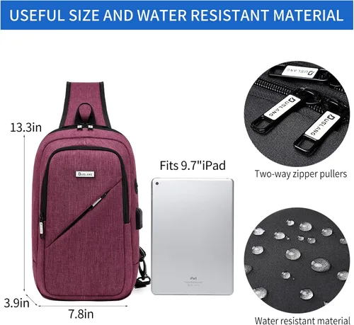 Vista 27 de DUSLANG Mochila de hombro para senderismo, bolsa cruzada para hombres, bolsas de pecho con puerto de cargador USB para campamento casual, ciclismo